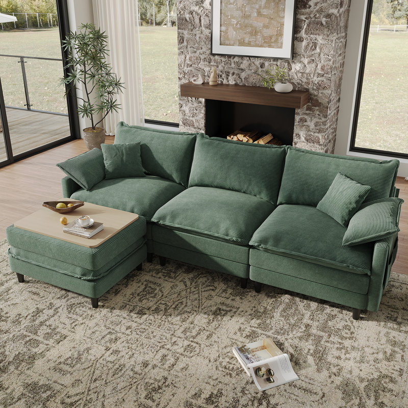 108'' Comfy  L Shaped Sectional Modular Cloud Sofa with Ottoman, Tool-free Easy Assembly Corduroy Couch, Green