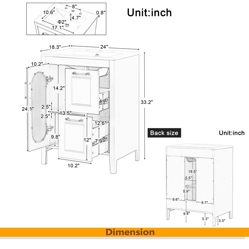 Meuble-lavabo 24 po avec lavabo, meuble-lavabo avec deux tiroirs et porte, tablette réglable, bois massif et panneau de fibres à densité moyenne