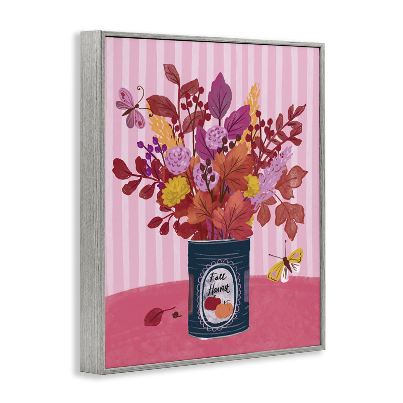  Fall Bouquet on Stripes Giclee Art by Be Ni La, Farmhouse Grey Framed Giclee, 14" H x 11" W