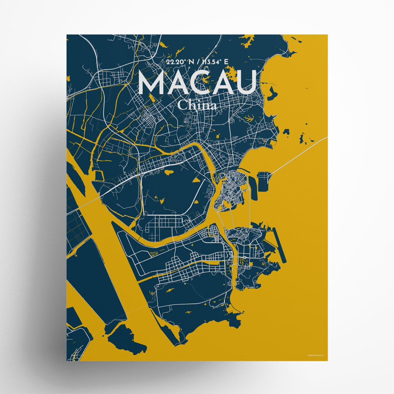 Macau, carte de la ville, impression, Bleu / Jaune, H 20 po x l 16 po