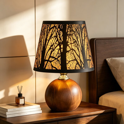 Lampe de table 11,4 pouces forêt rustique, lampe de chevet à intensité variable 3 couleurs avec abat-jour en métal noir et base en bois massif, petite lampe décorative décorative pour la table de chevet du salon