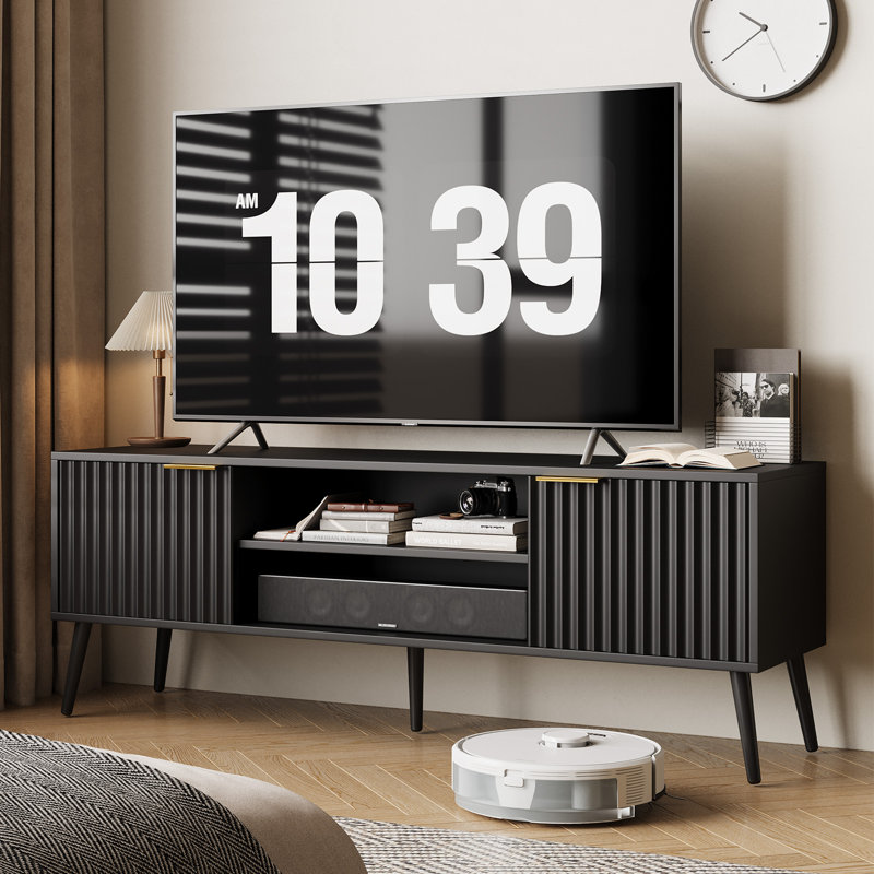 Meuble télé moderne du milieu du siècle pour téléviseurs de 32 à 60 pouces, Noir