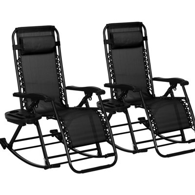 Ensemble de 2 fauteuils à bascule, fauteuil inclinable zéro gravité avec coussin, porte-gobelet et porte-téléphone, noir, structure en acier robuste, idéal pour les moments de détente en extérieur. Support pliable pour fauteuil inclinable. Acier noir.