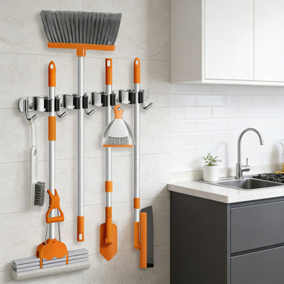 Stainless Steel Broom Mop Holder Wall Mount 4-Racks 5-Hooks Organizer For Home Storage