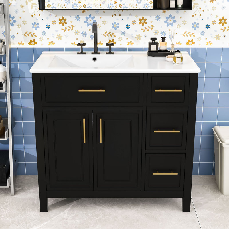 Meuble-lavabo simple contemporain en bois avec lavabo en céramique lisse, poignées dorées et grand espace de rangement, Noir
