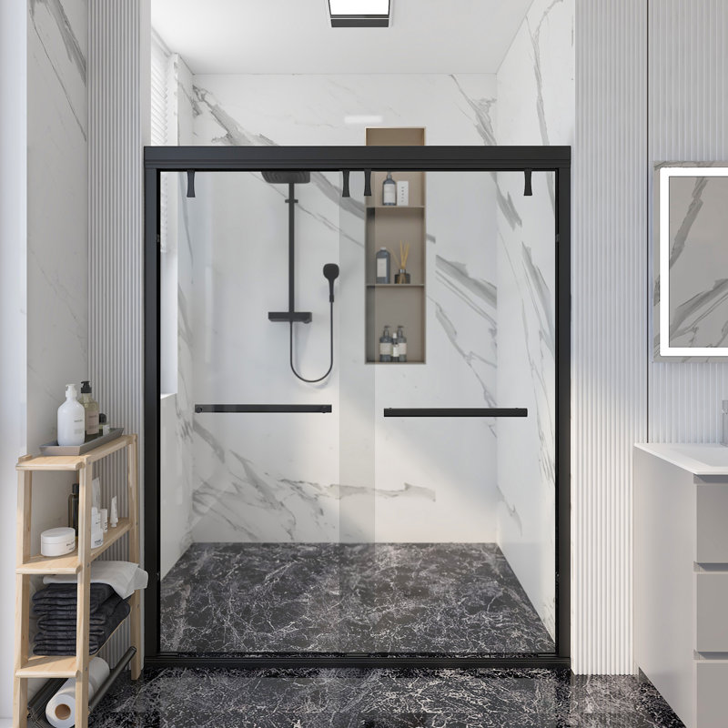 56''-60'' W X 71'' H Double Sliding Semi-Frameless Shower Door With  0.24"(6mm) Tempered Glass，Stainless Steel Accessories