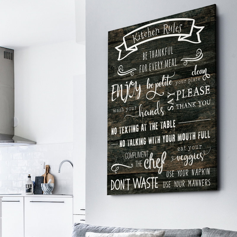 « cuisine rules », art textuel sur toile tendue, H 24 po x l 32 po x P 1,5 po