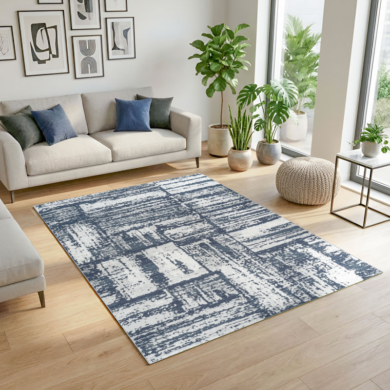 Caldwell Blue & Ivory Abstract High-Low Modern Rug, 5'0" x 7'10", Blue/Ivory