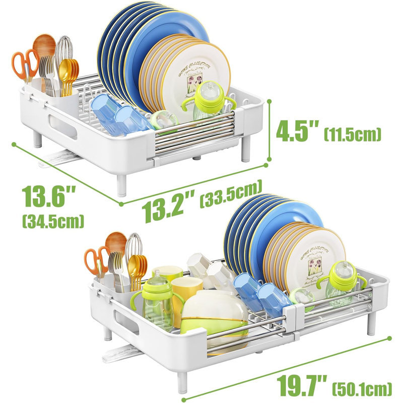 Expandable Stainless Steel Dish Drying Rack with Utensil Holder, White