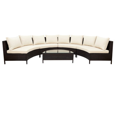 TOPMAX 5 Pieces All-Weather Brown PE Rattan Wicker Sofa Set Outdoor Patio Sectional Furniture Set Half-Moon Sofa Set With Tempered Glass Table, Beige