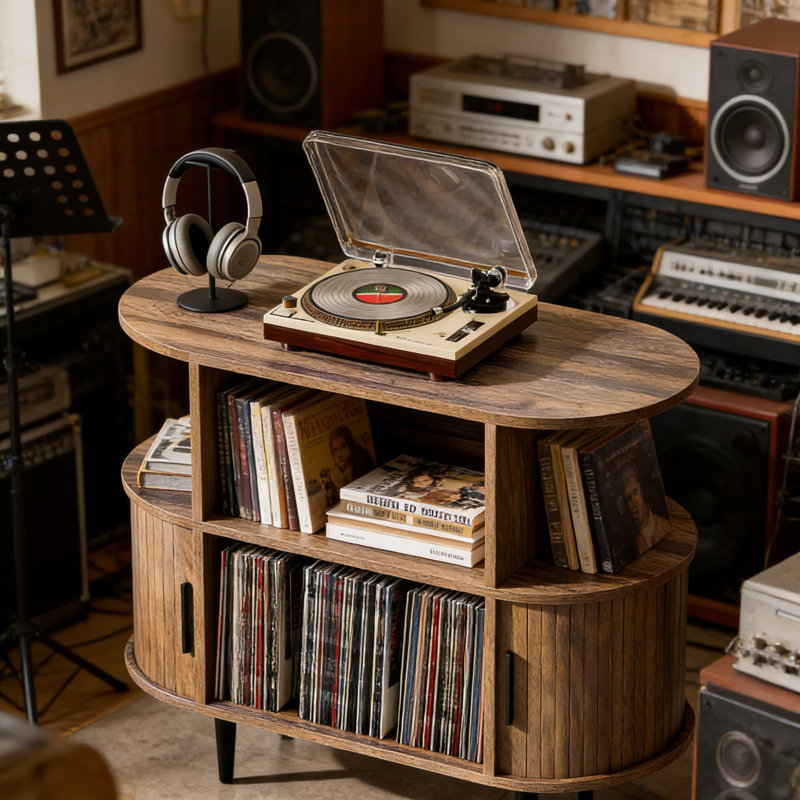 Armoire pour tourne-disque Mid-Century moderne avec rangement, support pour disque vinyle avec portes et tablettes pouvant contenir plus de 150 disques