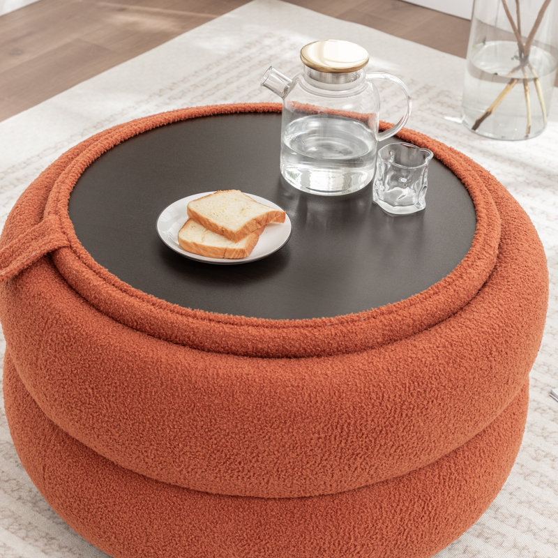 Upholstered Round Storage Ottoman, Orange