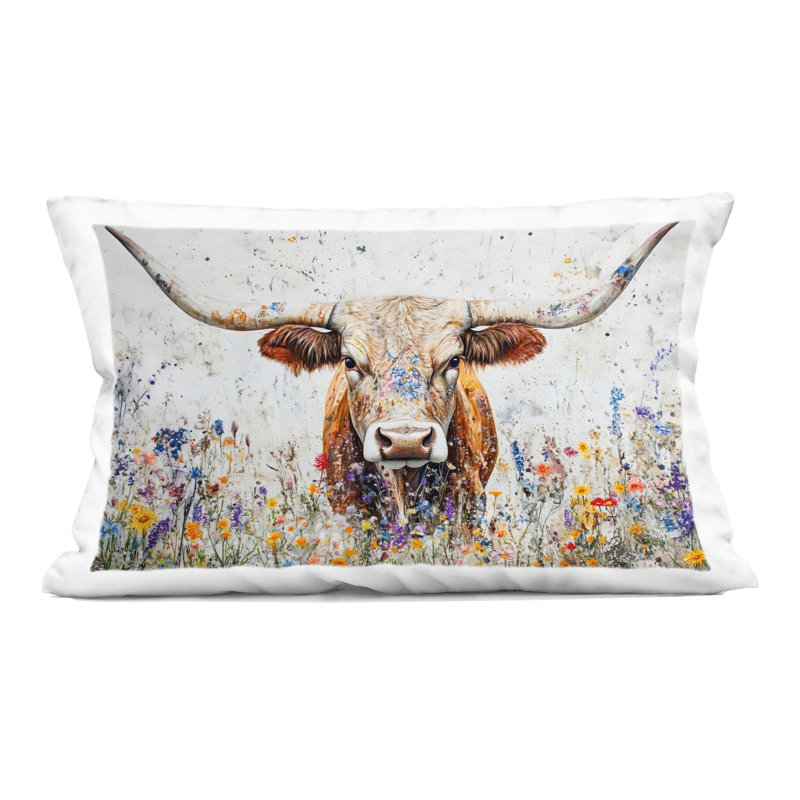 Texas Longhorn Speckled Flowers Decorative Printed Throw Pillow, design by Franklyn Gregory