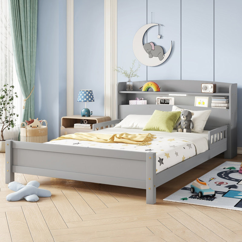 Kids Bed Platform Standard Bed With Bookcase Headboard, Footboard, Adjustable Guardrails, Led Sensor Light, Full, Gray