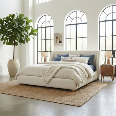 Modern Boucle Upholstered Bed Frame with Extra-Wide Wingback Headboard, Low Profile Cloud Bed with Wood Legs