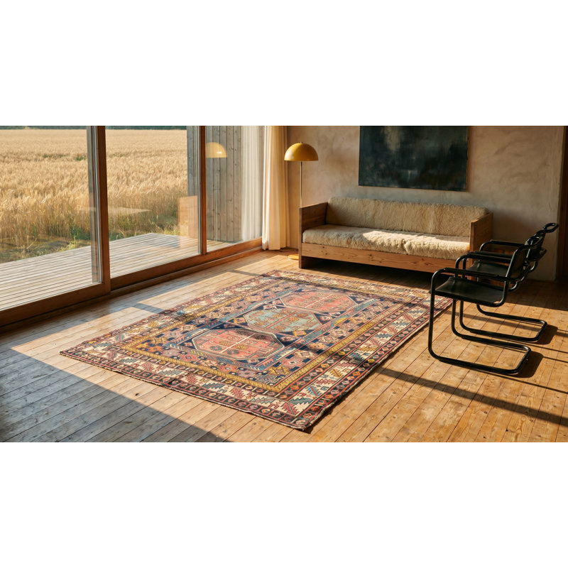 Early 20th Century Antique Blue Tribal Geometric Small Size Square Shape Caucasian Shirvan Rug