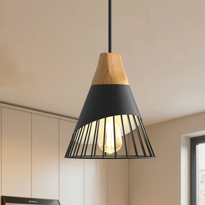 1 - Light Metal Cone Single Pendant With Wood Texture