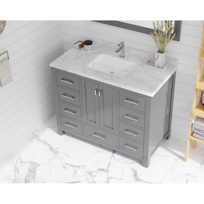 Mariário 42'' Single Bathroom Vanity with Marble Top, Gray, Matte White