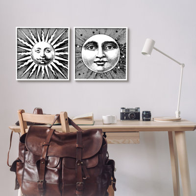 Sun and Moon faces, impression sur bois 2 pièces