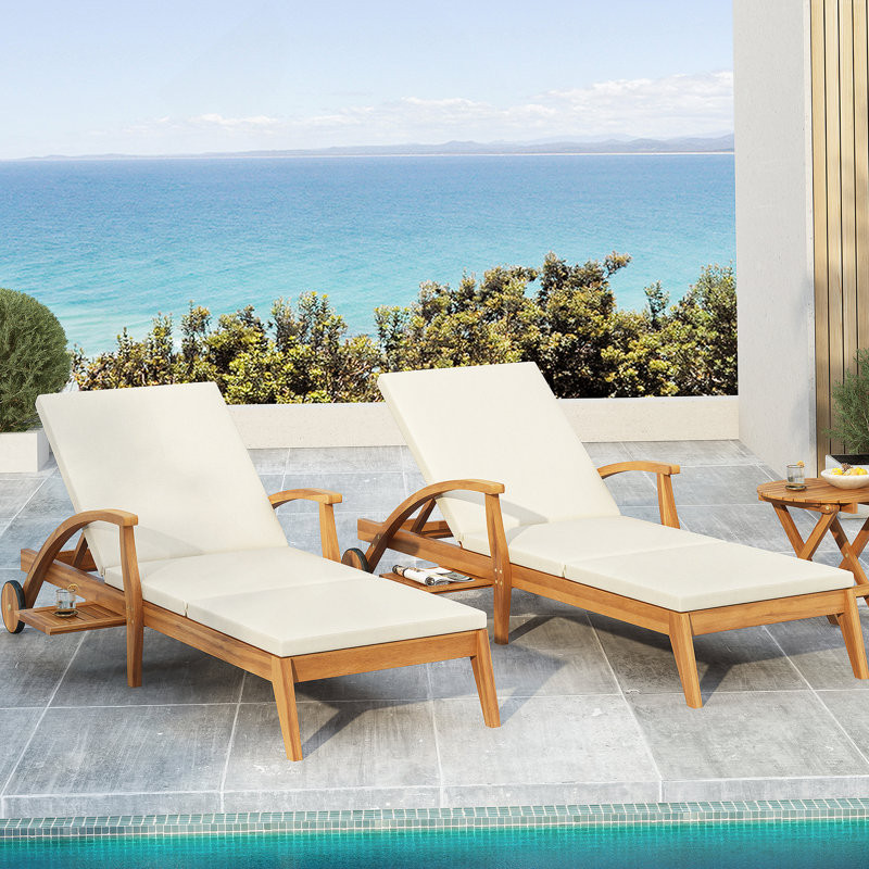 Outdoor Recliner Side Table Set - Comes With 2 Inch Cushion And Adjustable Backrest Chaise Lounge With Wheel & Foldable And Adjustable Acacia Wood Side Table For Poolside Porch