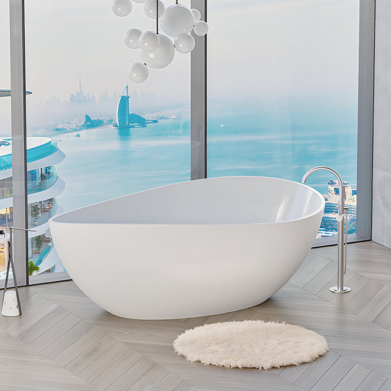 Baignoire autoportante en résine de 63 po x 37 po à surface solide avec trop-plein, bonde escamotable pour salle de bain, blanc brillant