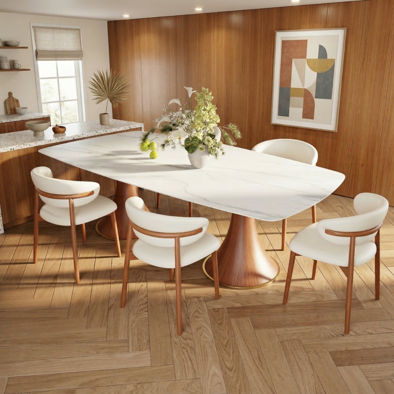 Anjelyn 86.6"/93.7" Glossy Stone Kitchen Dining Table For 8-12 With Solid Wood Pedestal Base, 29.53"H x 93.7"L x 43.31"W