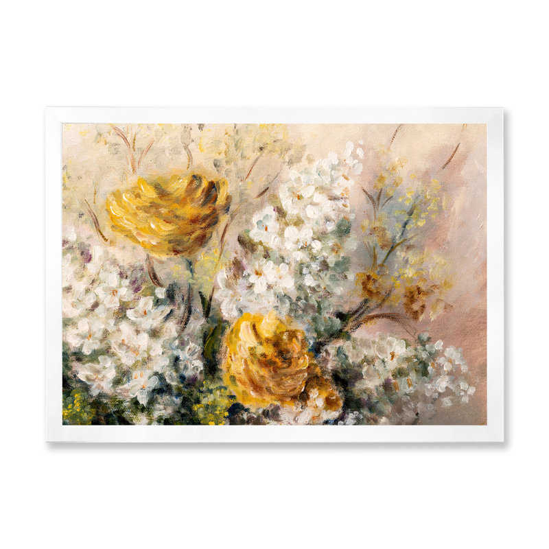 Nature morte aux fleurs jaunes et blanches II - reproduction sur toile, H 8 po x l 12 po x P 1 po, Cadre photo blanc