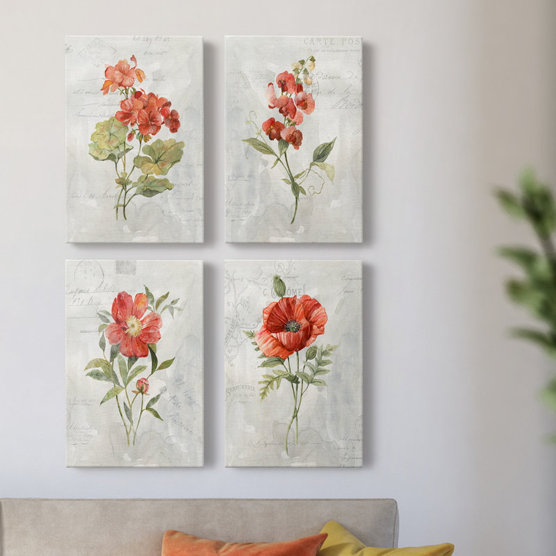Lin géranium - ensemble de 4 peintures sur toile tendue, H 27 po x l 72 po x P 1 po