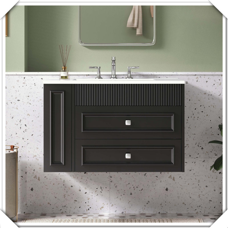 Meuble-lavabo mural moderne avec tiroirs en céramique, Noir