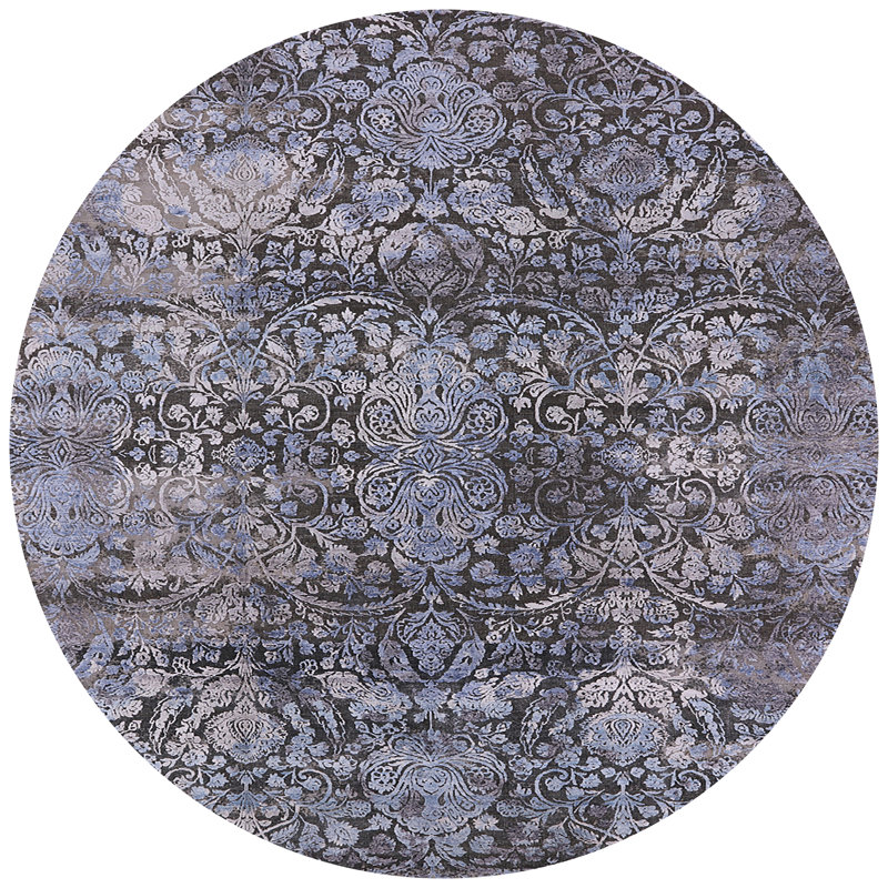 Tapis floral gris / ivoire / bleu, Rond 7 pi
