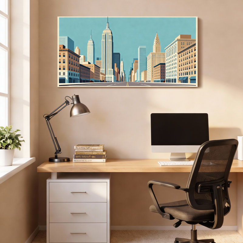 Ensemble de 1 tableau sur toile tendue représentant un paysage urbain et ses bâtiments, H 12 po x l 36 po