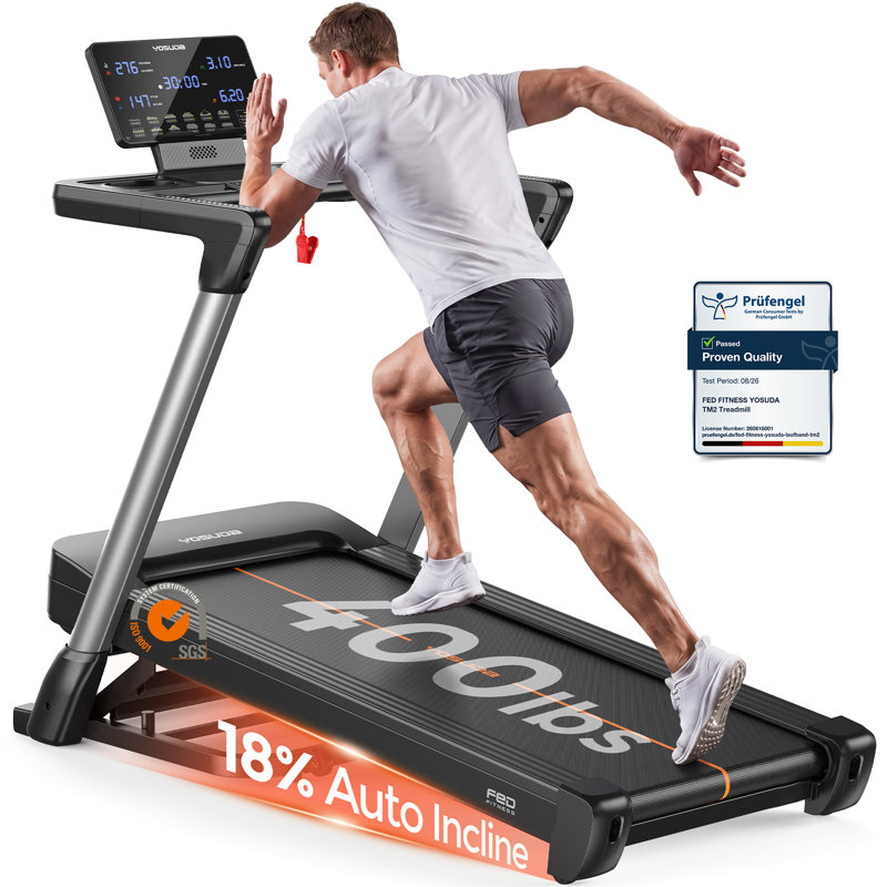 Tapis de course pliable FED Fitness Yosuda Series TM2, capacité de 181 kg, inclinaison de 0 à 18 %, moteur silencieux sans balais