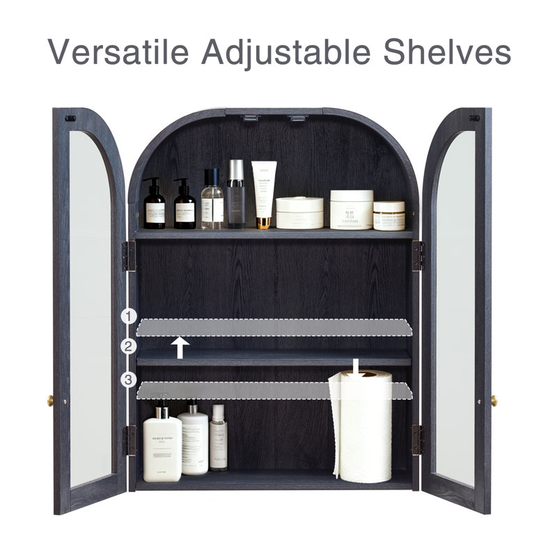 Wood Arch Wall Mounted Bathroom Cabinet, Antique Brass