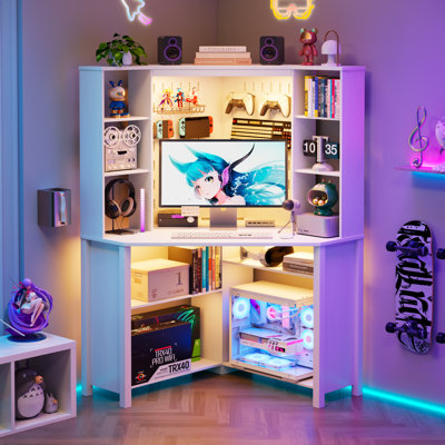 Pentagonal Corner Computer Desk with Charging Station, Adjustable Led Lighting and 9 Layers Open Storage Space