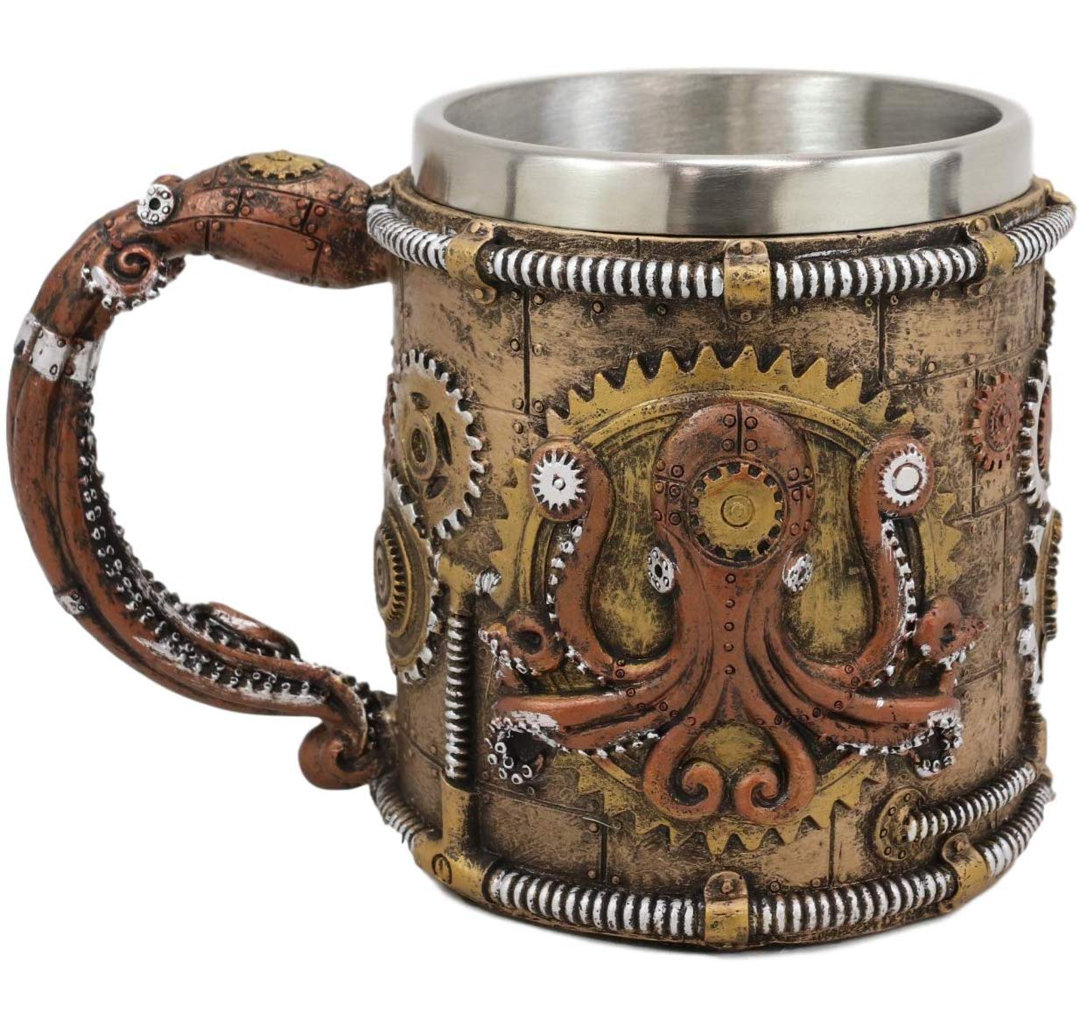 Neligh Brazen Steampunk Kraken Octopus Cyborg with Sculpted Robotic Gearwork Valves and Pipelines Coffee Mug Williston Forge