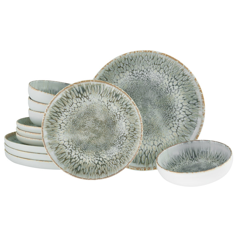 Uno Volcano, 12 Piece Dinnerware Set, Service for 4, Cream/Silver/Grey