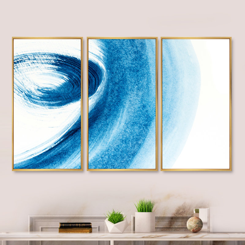«Blue Brush Strokes On White», ensemble d'art mural sur toile moderne encadré de 3, H 28 po x l 36 po x P 1 po, Or