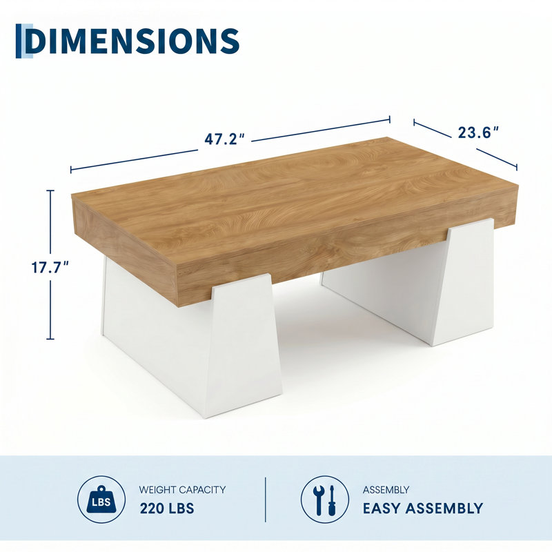 Table basse rectangulaire de style ferme de 120 cm pour salon - Grande table centrale en bois, plateau épais et piètement robuste - Style rustique moderne - Couleur : Blanc antique + anneaux de croissance jaune pâle