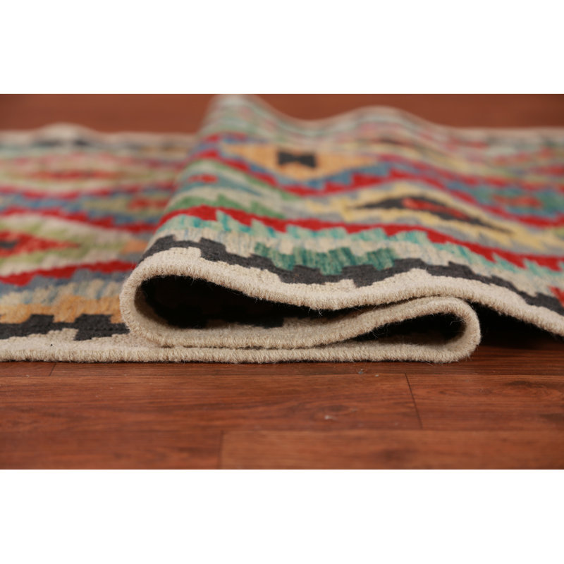 Tapis de couloir oriental géométrique en laine Kilim 3 x 13