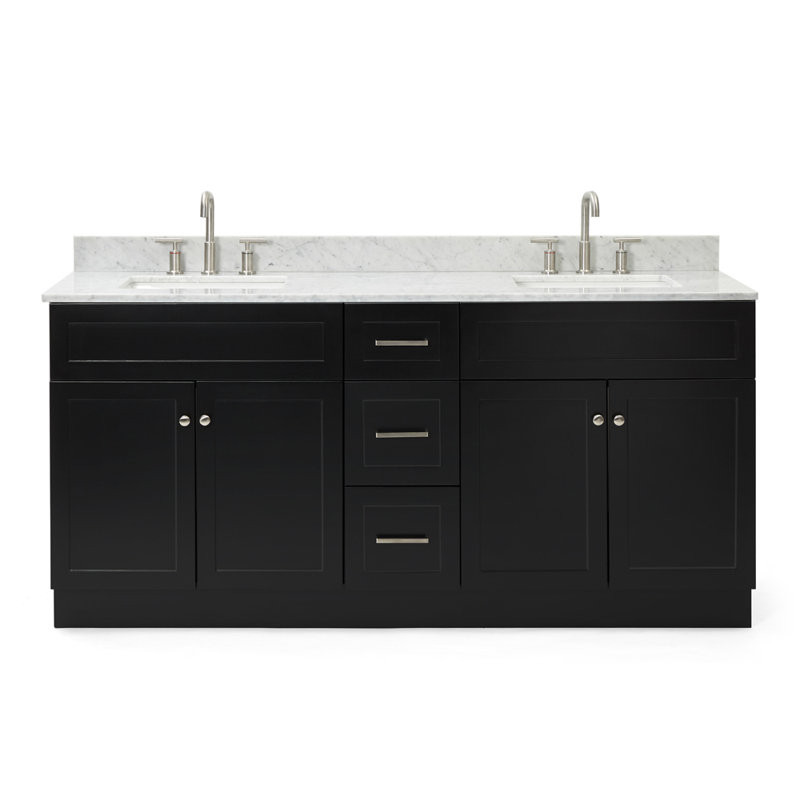 Partham 73'' Double Bathroom Vanity with Carrara Marble Top, Black