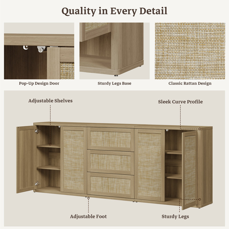 89.67" Bohemian-inspired Sideboard With Adjustable Shelves, Amber Oak