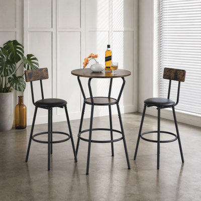 Modern Pub Table Set with 2 Upholstered Bar Stools and Backrest