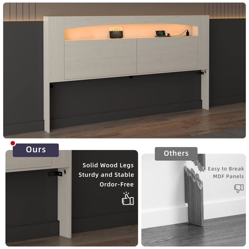 Queen Headboard, Storage, RGB LED Lighting, USB & AC Charging Station, Recessed Baseboard – Modern Wood Bedroom Furniture
