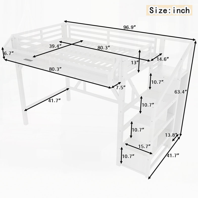 Loft Bed with Storage Stairs, Shelves and Built-in Wardrobe, White, Twin XL