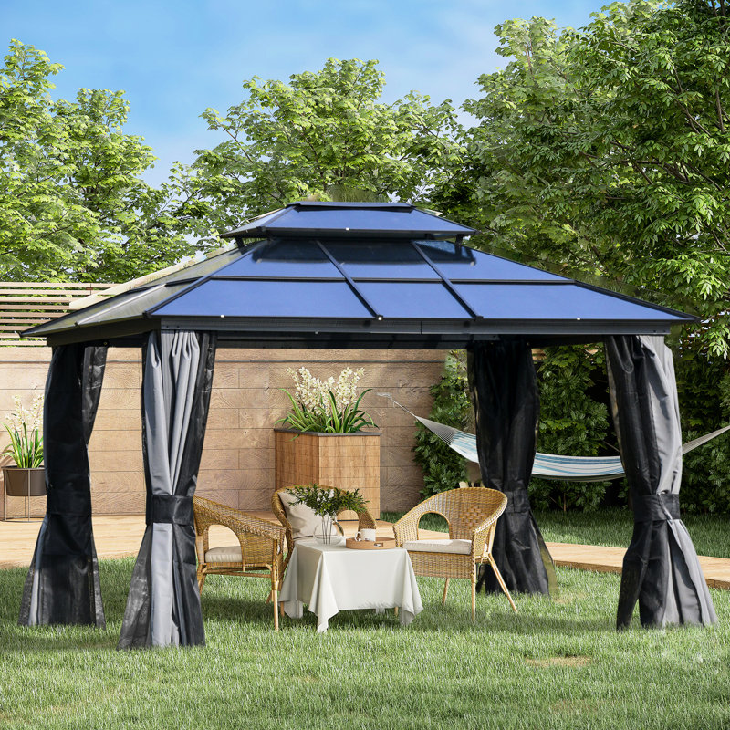 10' X 12' Gazebo Canopy With Double Polycarbonate Roof, Aluminum Frame, Wonderful For Patio, Garden, Backyard, Deck, Lawn, Gray Lightweight -