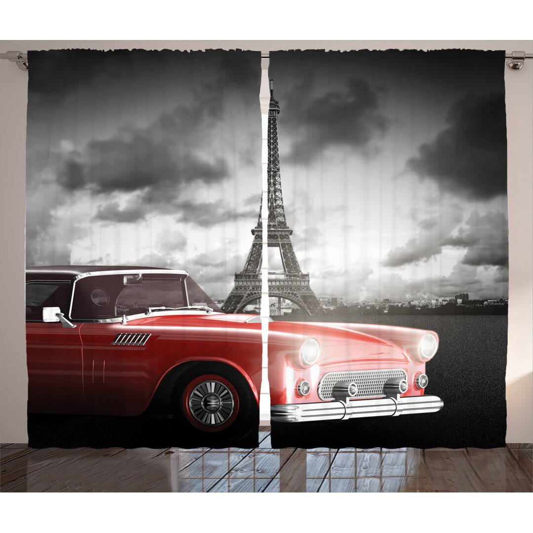 Rustikaler Vorhang, Oldtimer und Eiffel, Paris, Grau Rot