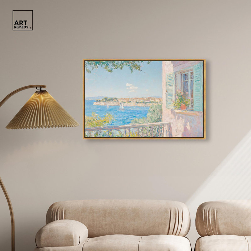 Toile vue méditerranée par Art Remedy, H 25 po x l 37 po, Doré, Cadre flottant