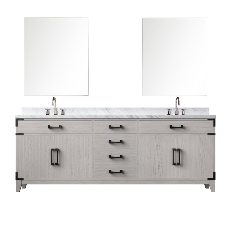 Ensemble de miroirs de salle de bain double avec robinet l 84 po x P 22 po Laurel, Marbre de Carrare blanc, Chêne blanc