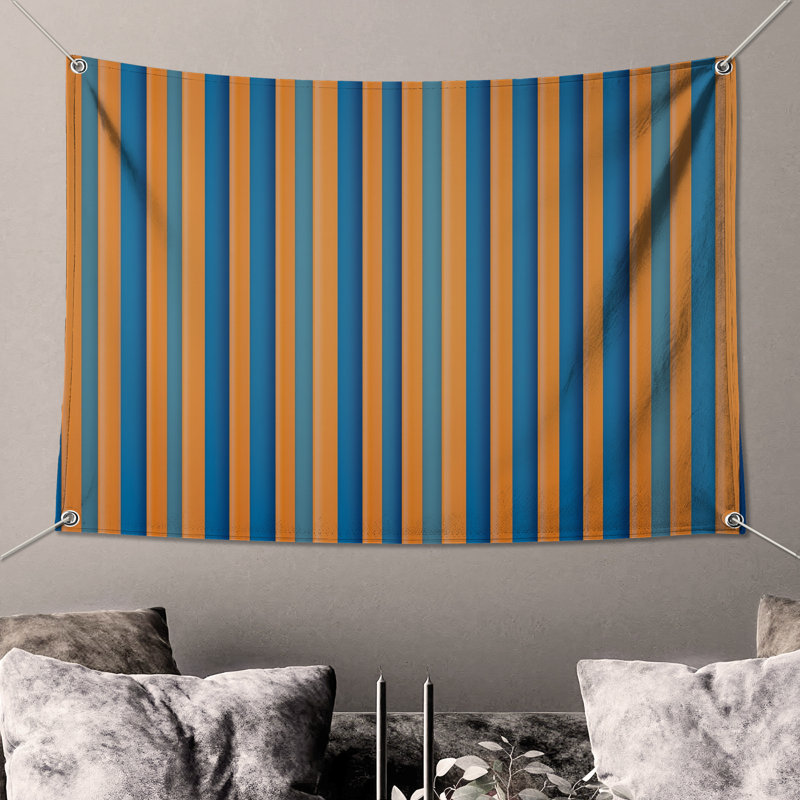 Tapisserie murale orange à rayures bleues - Décoration murale à rayures, 50in H x60in W with 4 Grommets
