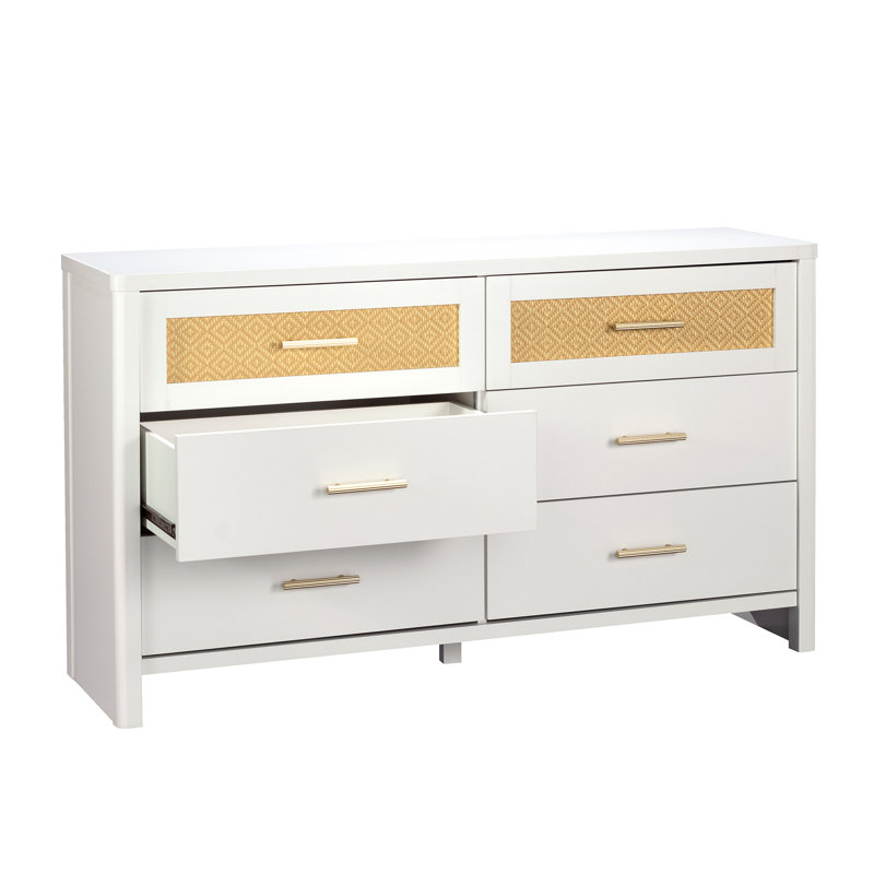 Commode 6 tiroirs Isabella Isle, finition blanche / rotin